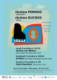 Tonalité Plurielle et les Concerts de Poche : J. PERNOO (violoncelle) Jérôme DUCROS (piano). Le vendredi 9 octobre 2015 à Grillon. Vaucluse.  20H30